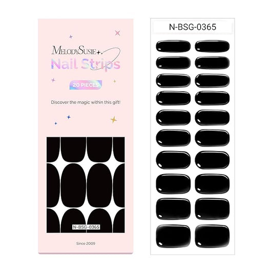 MelodySusie Semi Cured Gel Nail Strips (Black)- Works with Nail lamp, Salon-Quality, Long Lasting, Easy to Apply & Remove - Includes 20Pcs, 2 Prep Pads, Nail File & Wooden Stick