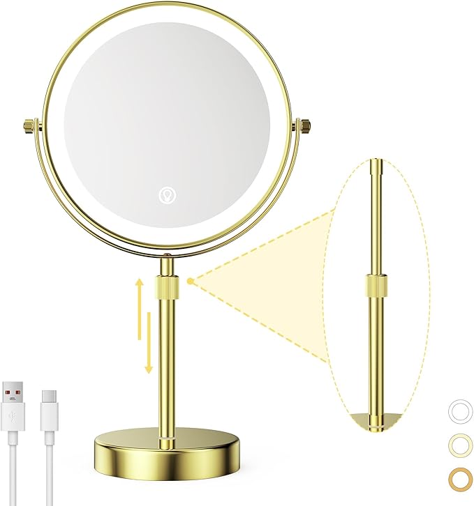 Nicesail 8” Rechargeable LED Magnifying Makeup Mirror with 3 Color Lights and 10X Magnification, Height Adjustable Stand up Lighted Magnifying Mirror, Double Sided 360°Rotation, Shiny Gold Finish