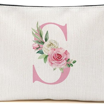 Pink Monogram Makeup Bag, Initial S, Cosmetic Bag Personalized Travel Organizer Bags Makeup Pouch, Monogrammed Gifts for Women Girls Friend Sisters Employee Bridesmaid Wedding Bridal Shower Gifts
