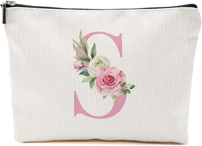 Pink Monogram Makeup Bag, Initial S, Cosmetic Bag Personalized Travel Organizer Bags Makeup Pouch, Monogrammed Gifts for Women Girls Friend Sisters Employee Bridesmaid Wedding Bridal Shower Gifts