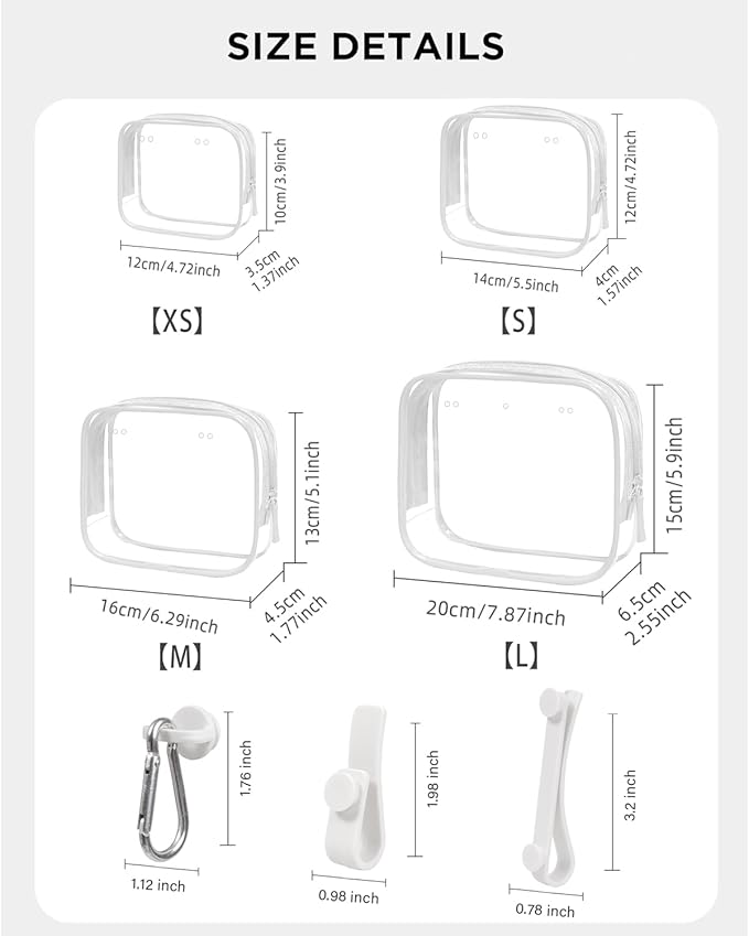 4 Pack Clear TSA Approved Travel Toiletry Bag, Carry on Travel Accessories Bag Airport Airline Quart Size Bags Cosmetic Bag for Women Clear Bogg Beach Makup Bag Accessories with 3 Pack Insert Hooks