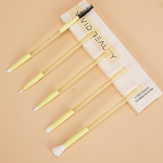 5pcs Yellow Eyes Make up Brush Set Soft Fiber & Rubber Handle Premium Small Brushes Kit, Includes Concealer, Blending, Eyeshadow, Dual-ended Brow and Lash Brushes ideal for Eye Makeup