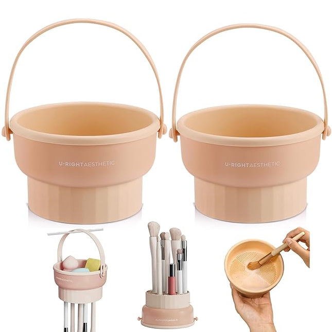 2 Pack Makeup Brush Cleaner Mat 3 in 1 Silicone Makeup Brush Cleaner Makeup Brush Cleaning Bowl Makeup Brush Sponge Scrubber Tool for Cleaning, Storage And Upside Down Drying(Two Khkai)