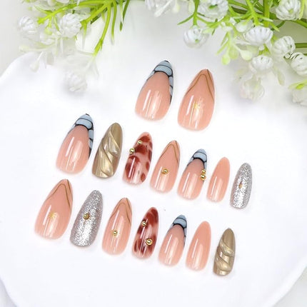 French Tips Press on Nails Almond Medium Fake Nails with Stripe 3D Gold Pearl Glitter Designs Brown Blue Acrylic Nail Glossy Nude Fall Winter Nails Press ons Cute Stick on Nail for Women 24 Pcs