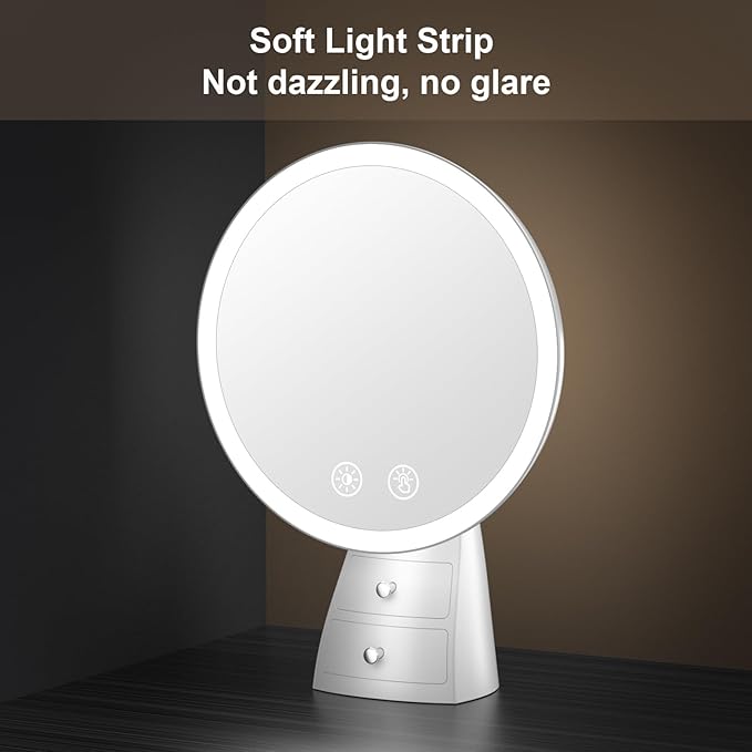 Makeup Mirror with Lights, Make Up Desk Mirror with Organizer, Rechargeable Touch Control 3 Color Lights and Adjustable Brightness, Lighted Vanity Mirror for Desk, Dresser Tabletop, Gifts for Women