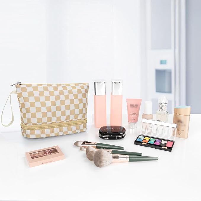 Ethereal Small Makeup Bag, khaki Checkered 2 Layers Travel Cosmetic Bag with Makeup Brush Holder, Portable Makeup Pouch for Women/Girls