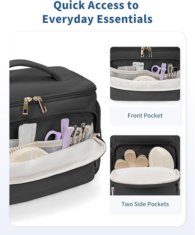 WANDF Travel Toiletry Bag for Women, Wide-open Large Makeup Bag with Handle, Puffy Makeup Organizer for Toiletries, Cosmetics, Accessories, Essentials (Black)