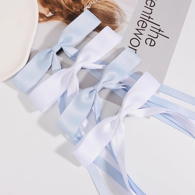 4 PCS Tassel Ribbon Bowknot Hair Clips With Long Tail for Women Girl Teens Kids, Solid Holder Fashion Bow Bowknot Hair Accessories Headwear Barrettes Claw(Blue&White)