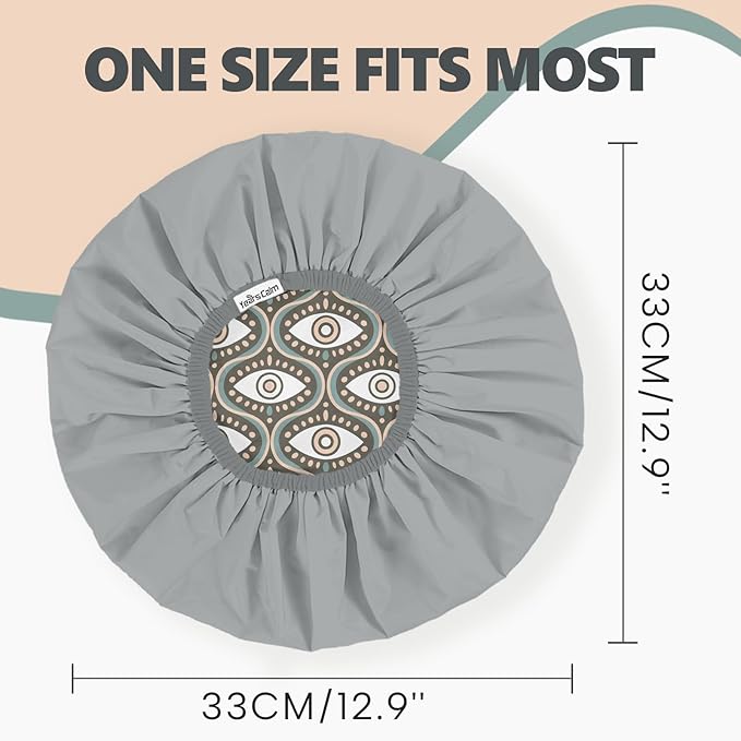 Years Calm Evil Eye Shower Caps for Women Reusable Waterproof, Pattern and Solid Color Dual-Layer Design, Hair Cap for Shower with Elastic Band, Fits Braids, Dreadlocks & Long Hair (Gray)