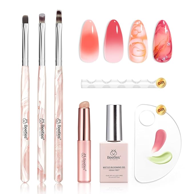 Beetles Blooming Gel and Nail Art Brushes Set - Ombre Nail Brush Gradient Stipple Clean Up Fingernail Art Pens and Silicone Dotting Tool for Gel Polish Marble Blush Chrome DIY Manicure Designs