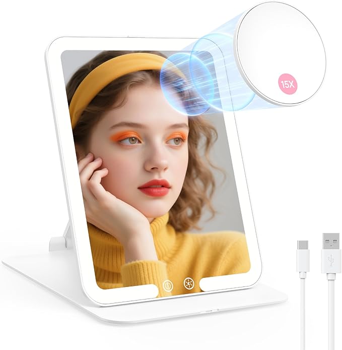 Benbilry Travel Makeup Mirror with Light, 15X Magnifying Mirror & 3 Color Modes, 1800mAh Rechargeable, Adjustable Height/Angle Stand, Foldable LED Vanity Mirror for Tabletop (White)