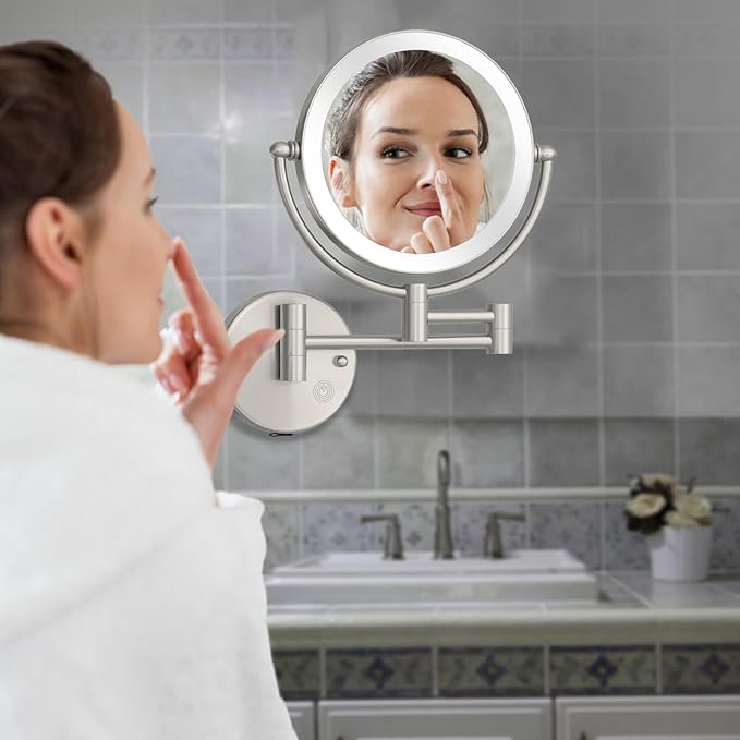 8 Inch Rechargeable Brass Lighted Magnifying Mirror Wall Mounted, 1X/5X Double-Sided Bathroom Personal Makeup Mirror with Light, Brushed Nickel