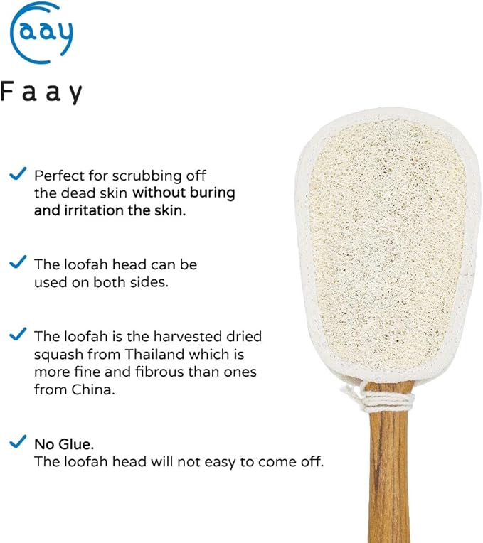 FAAY Thai Loofah Spa Set – 17″ Teak-Handled Back Scrubber with Refill + 2 Face & Body Exfoliating Pads
