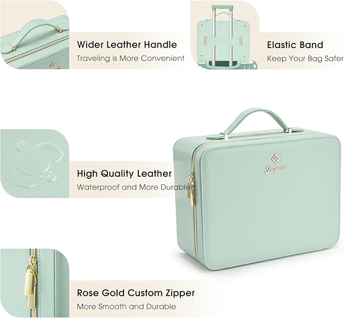 Leather Makeup Case with LED Lighted Mirror 11.4 Inch Travel Makeup Bag Adjustable Brightness in 3 Colors Cosmetic Organizer Artist Storage Bag with Dividers Brush Holder Storage Vanity Watery Blue