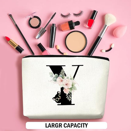 Floral Cat Initial Makeup Bag, Personalized Skin Care Bag, Travel Organizer Toiletry Bags for Women Mom Friends, Cosmetic Bags Makeup Pouch with Zipper, Letter Y