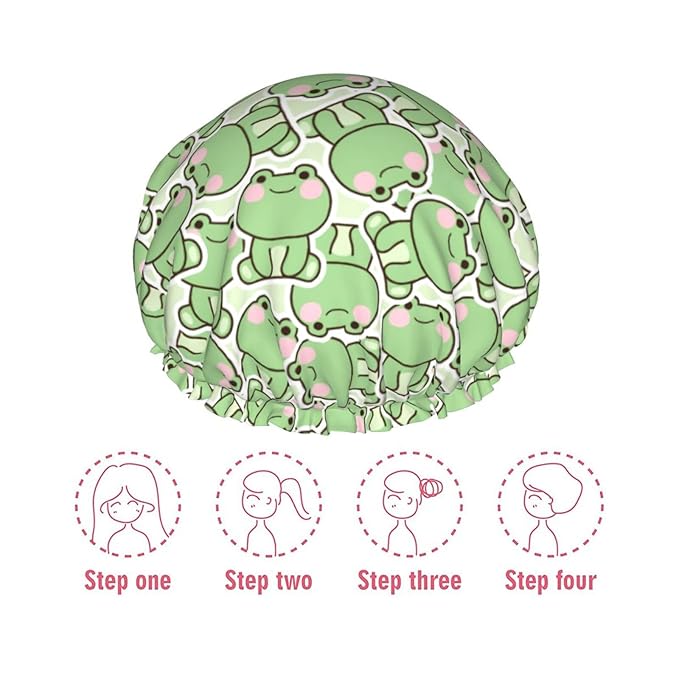 Cute Frogs Shower Cap For Women Reusable Waterproof Double Layers Bath Cap Hair Protection Elastic Ladies Spa Salon Shower Hat