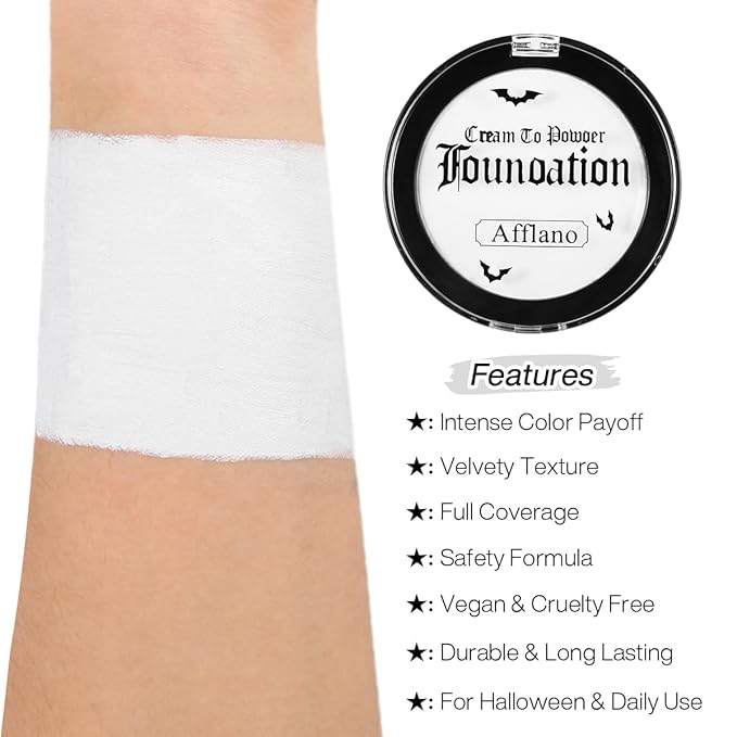 Goth White Foundation Makeup, White Face Body Paint High Coverage Cream to Powder, Waterproof Face Painting Makeup for Clown Zombie Halloween Costume, Professional Greasepaint for Stage SFX Cosplay