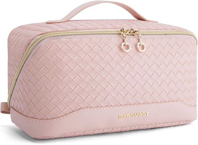 BAGSMART Makeup Bag, Travel Cosmetic Bag Organizer, PU Leather Water-Resistant Pouch, Open Flat Makeup Storage for Toiletries, Brushes, PU Leather Pink