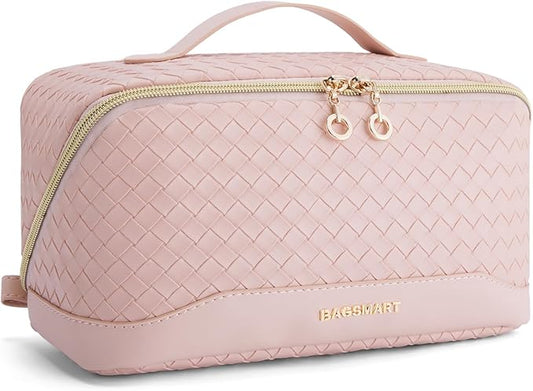 BAGSMART Makeup Bag, Travel Cosmetic Bag Organizer, PU Leather Water-Resistant Pouch, Open Flat Makeup Storage for Toiletries, Brushes, PU Leather Pink
