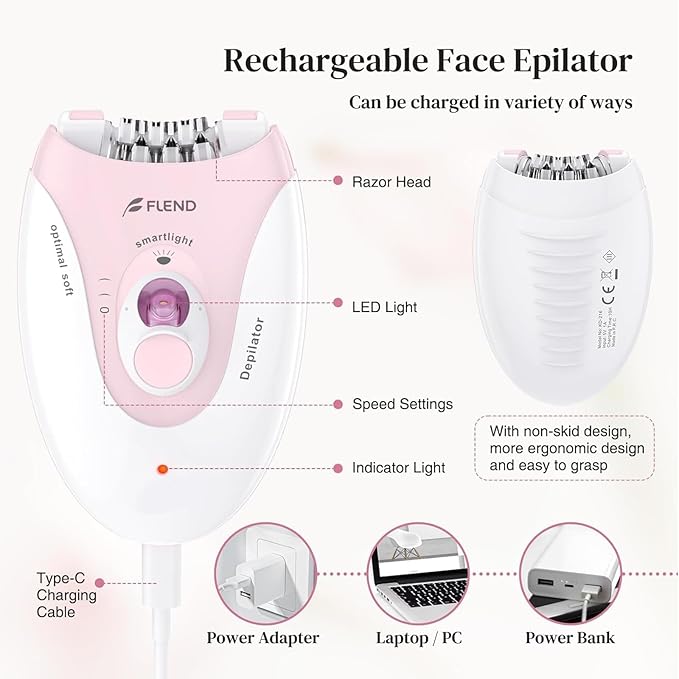Smooth Glide Epilator for Women, 2 Speeds Facial Hair Removal Device with LED Light, 36 Tweezers & Massage Pad. Rechargeable Facial Hair Removal Epilator for Bikini, Arms, Legs, and Face