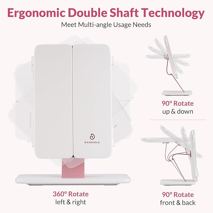 EASEHOLD Foldable Tri-Fold Lighted Makeup Vanity Mirror with 60 LED Lights, 1X/2X/3X Magnification, Touch Control Dimming, 3000mah Rechargeable, 360° Rotation, Portable Travel Folding Compact Mirror