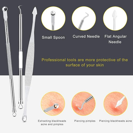 Pimple Popper Tool Kit - Boxoyx 10 Pcs Blackhead Remover Comedone Extractor Kit with Metal Case for Quick and Easy Removal of Pimples, Blackheads, Zit Removing, Forehead,Facial and Nose(All Silver)