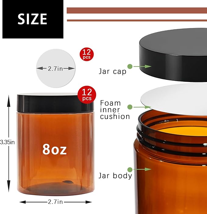 12 Pack 8 oz Amber Plastic Jars with Lids and Labels, Refillable Round Empty Brown Cosmetic Containers, Reusable Leak Proof Airtight Jars for Lotion Cream Body Butter Ointment Travel Storage