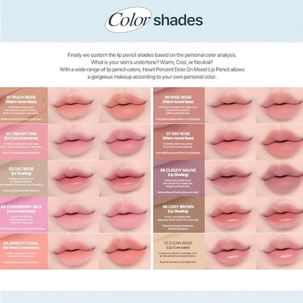 Heart Percent Dote On Mood Lip Liner Pencil, Long-Lasting Creamy Lip Crayon Smooth Lipliner Retractable Lipstick Overlip Line Color 0.8g, #02. Creamy Pink