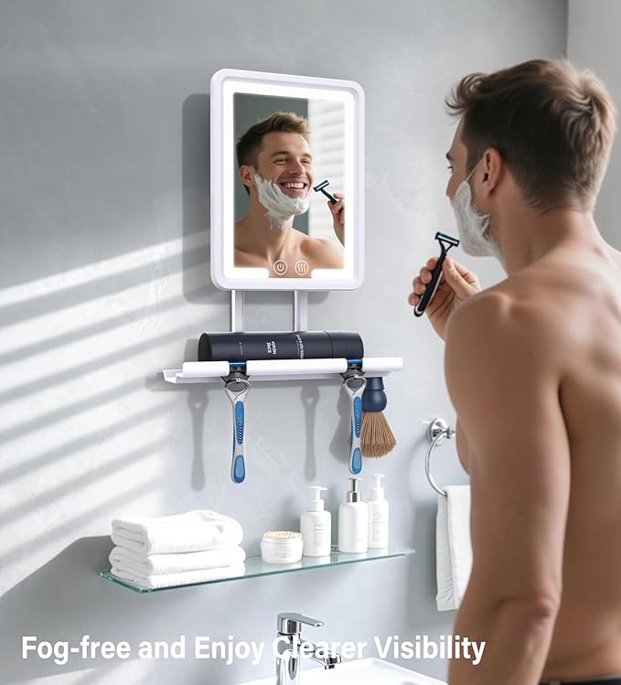 Shinowa Heated Shower Mirror Fogless for Shaving, 360° Adjustable Lighted Shower Mirror with 3 Color Modes, Rechargeable Anti Fog Shaving Mirror with Large Storage Tray & Razor Holder, White
