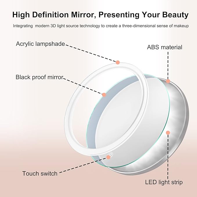 10x Makeup Mirror with Lights, 4000mAh Height Adjustable Lighted Makeup Mirror, Magnifying Mirror with LED Lights,Cosmetic Vanity, Light Up Mirror, Nickel