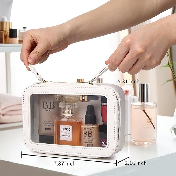 Pinkmik Clear Makeup Bag Transparent Travel Case for Cosmetics and Toiletries Women's Clear Car Bag with Zipper (White, Small)