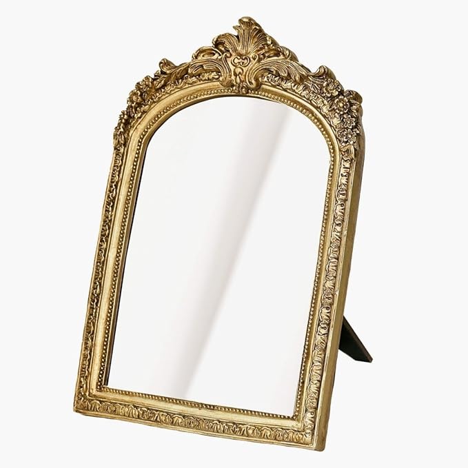 Small Gold Vintage Vanity Desk Makeup Mirror Antique Decorative Wall Mirror,Resin Carved Arch Table Mirror with Stand for Living Room,Bedroom Dresser,Desktop Decor 10.2" x 7" ﻿