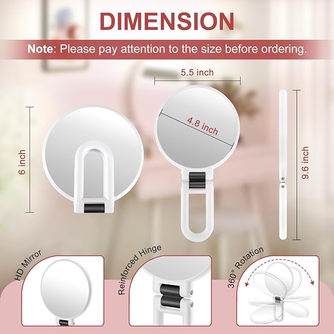 30X Magnifying Mirror, Travel Hand Mirrors with Handle, Double Sided Handheld Mirror with 30X/1X Magnification & Foldable Handle, Portable Small Makeup Mirror for Desk, White