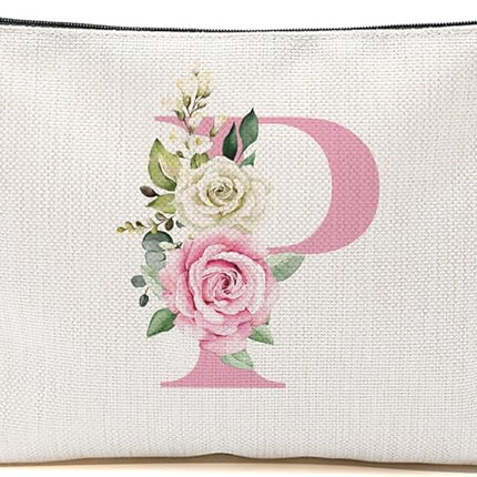 Pink Monogram Makeup Bag, Initial P, Cosmetic Bag Personalized Travel Organizer Bags Makeup Pouch, Monogrammed Gifts for Women Girls Friend Sisters Bridesmaid Wedding Bridal Shower Gifts