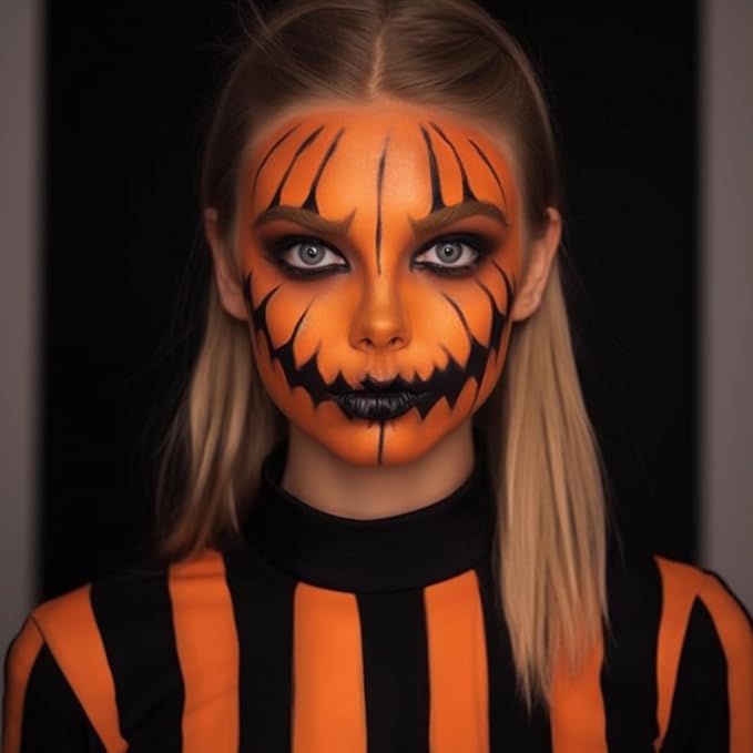 Black Orange Face Paint Pumpkin Halloween Makeup Kit Character Set for Kids Adults, Safe Non-Toxic Cream Face Painting Kit for Costume Party, Dress Up Cosplay, Special Effects Make Up & Stage