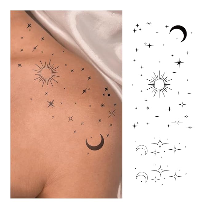 Celestial Temporary Tattoos – Realistic & Long-Lasting Sun Moon Star Minimal Fake Tattoos, Waterproof Semi-Permanent Body Stickers for Shoulder, Neck, Collarbone