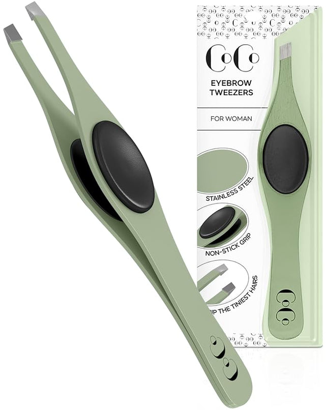 Professional Eyebrow Tweezers for Women and Men – Precision Stainless Steel Slant-Pointed Tip Tweezer for Facial Hair, Ingrown Hair, Splinter, Eyebrows & Blackhead Removal, Sage Green