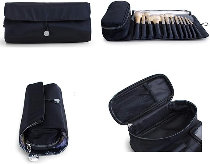 Makeup Brush Bag, Travel Makeup Brush Case Makeup Brush Holder Organizer Cosmetic Bag Portable Roll Up Brush Storage Bag for Makeup Brushes and Cosmetic Essentials (Black)