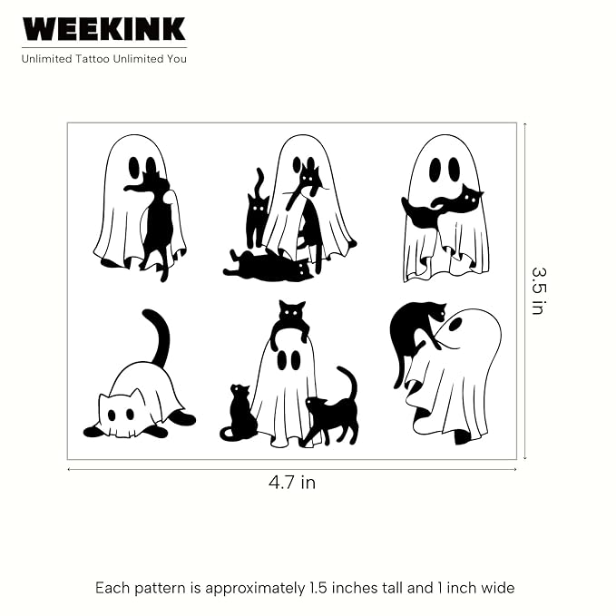 Ghost & Black Cat Temporary Tattoos – 6 Cute & Playful Designs, Fun Ghost and Cat Art, Realistic & Long-Lasting for Adults