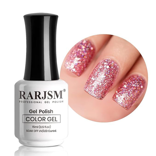 RARJSM Glitter Gel Nail Polish Chunky Rose Pink Shimmer Iridescent Gel Polish 15ml Holographic Rainbow Effect Soak off L e d U V Curing Required High Pigments for Home Salon Manicure Nail Art