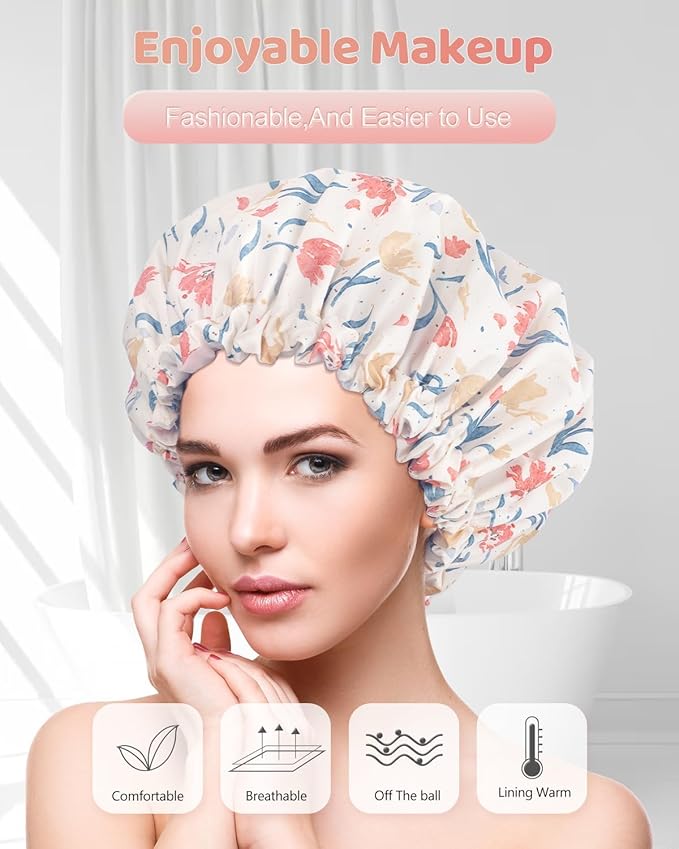 Aquior Shower Caps, Double Layer Waterproof Shower Cap for Women, Reusable Large Shower Cap for all Hair Lengths with EVA Lining, Soft Bath Shower Caps