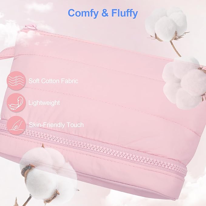 Ethereal Small Makeup Bag, Cute Puffy Travel Makeup Organizer Bag for Women Daily Double Layer Cosmetic Bag Portable Makeup Brush Bags, Pink