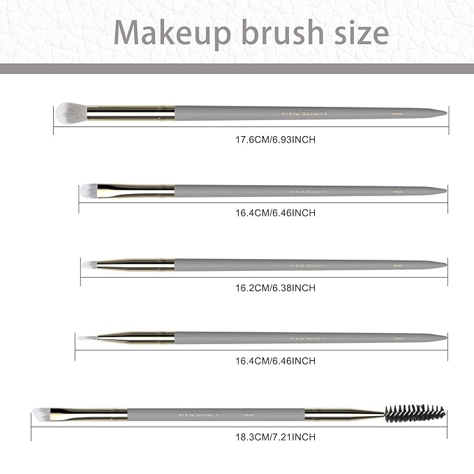 Eye Makeup Brush Set 5pcs - Eyeshadow, Blending, Concealer & Dual-Ended Brow Brushes - Small Travel Make up Tools with Wood Handle & Fluffy Bristles for Natural, Smoky and Glam Eyes Looks (Grey)