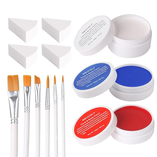 MEICOLY Red White Blue Face Body Paint Set,4th of July Accessories,4th of July Face Paint,4th of July Outfits for Women,Patriotic Independence Day Pride Face Paint with Painting Brushes and Sponges