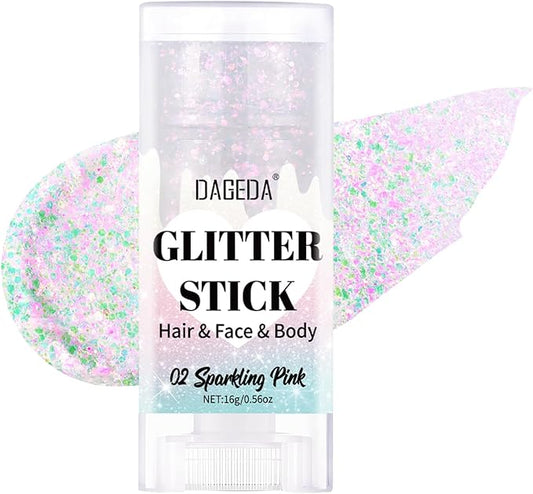 DAGEDA Sparkling Pink Body Glitter Stick,Sparkly Face Glitter Makeup,Holographic Hair Glitters Mermaid Makeup Rave Outfits for Women, Shimmer Face Paint Stick Singer Concert Accessories
