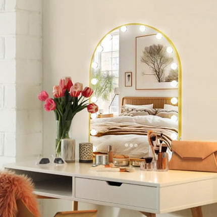 THEKLA Gold Arch Hollywood Vanity Mirror with Lights for Makeup Desk Table Wall Detachable Base Stand X10 Magnifying Dimmable 3 Color Lights 18 Bulbs