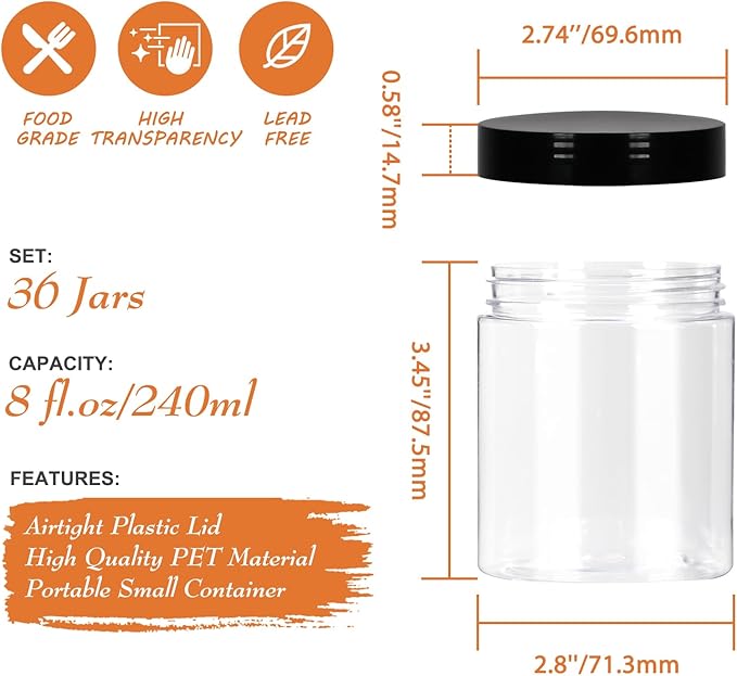 8oz Plastic Jars with Lids 36Pack, 8fl.oz Plastic Containers with Lids- Clear Food-grade Plastic Storage Containers with Black Screw Lid for Liquid and Solid Products (8fl.oz, 36Pack)