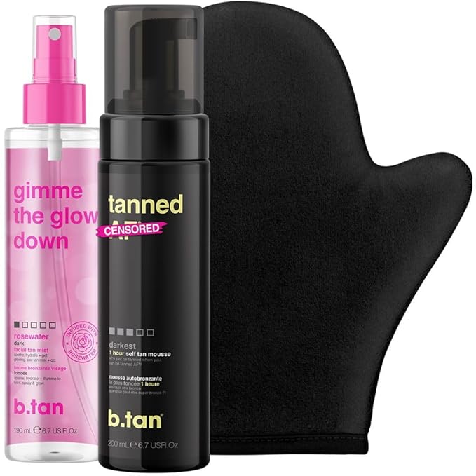 b.tan Dark Self Tan Foam & Face Mist Kit | b.tan + Glow Bundle - Sunless Tanning Mousse, Bronzing Gradual Facial + Body Spray, Mitt Applicator, 1 Hour Express, No Fake Tanner Smell, 6.7 Fl Oz