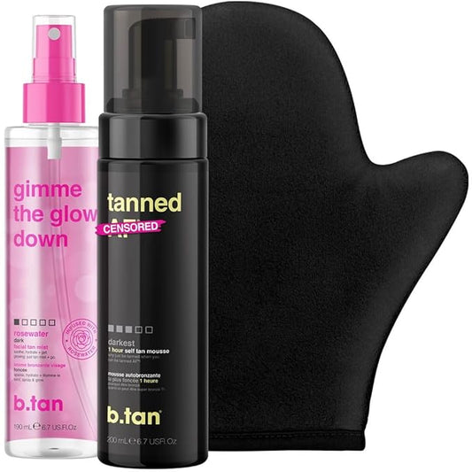 b.tan Dark Self Tan Foam & Face Mist Kit | b.tan + Glow Bundle - Sunless Tanning Mousse, Bronzing Gradual Facial + Body Spray, Mitt Applicator, 1 Hour Express, No Fake Tanner Smell, 6.7 Fl Oz
