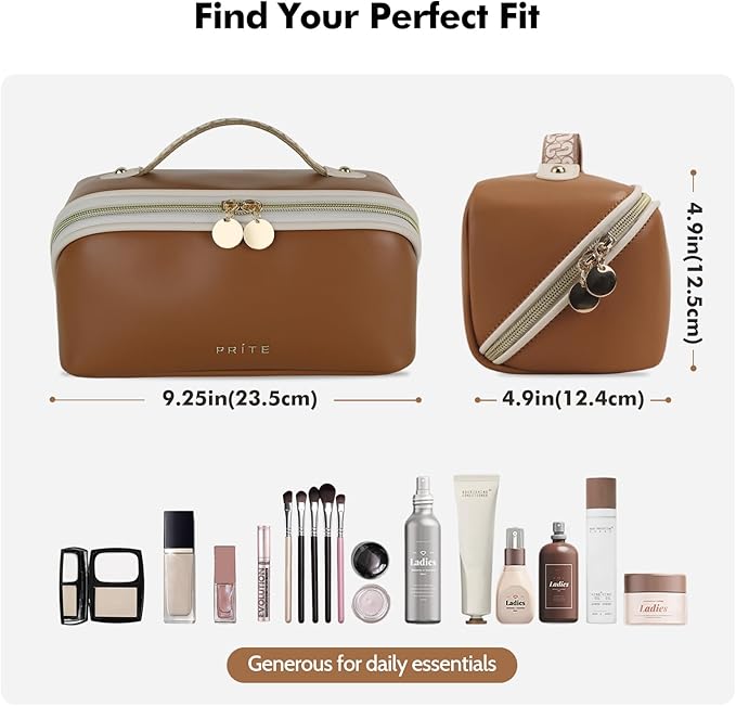 Prite Travel Cosmetic Bag Makeup Organizer Bag For Women Large Capacity Waterproof PU Leather Toiletry Bag with Handle and Clear Divider(Dark Brown)